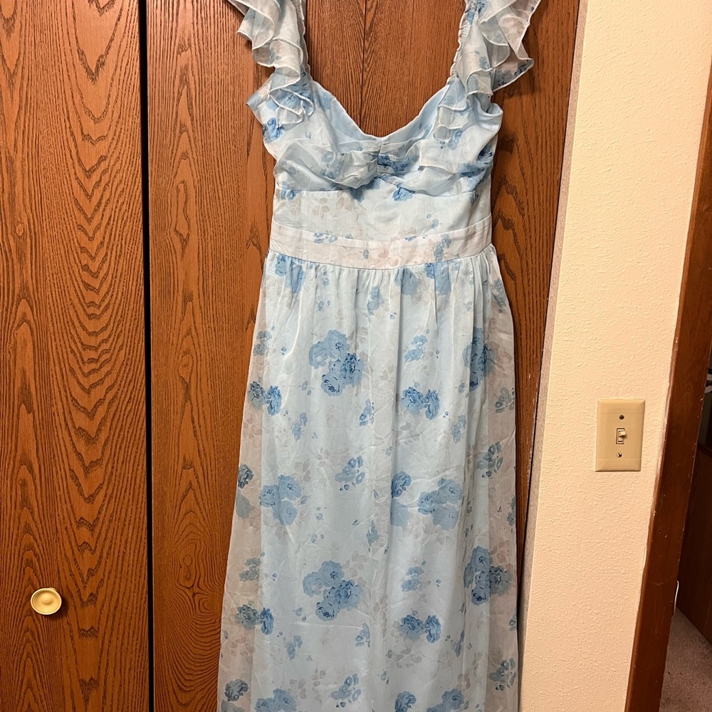 NWT Light Blue Lulus Loveliest Darling Dress XL Floral Ruffled Tie-Back Midi - Picture 8 of 16